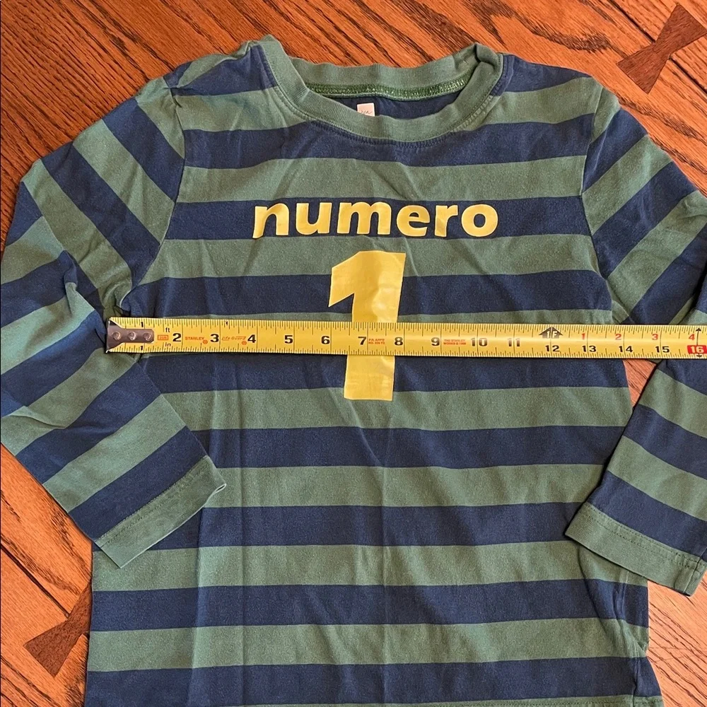 Tea Collection Kids LS Shirt, Navy/Green Stripes and yellow graphic size 7